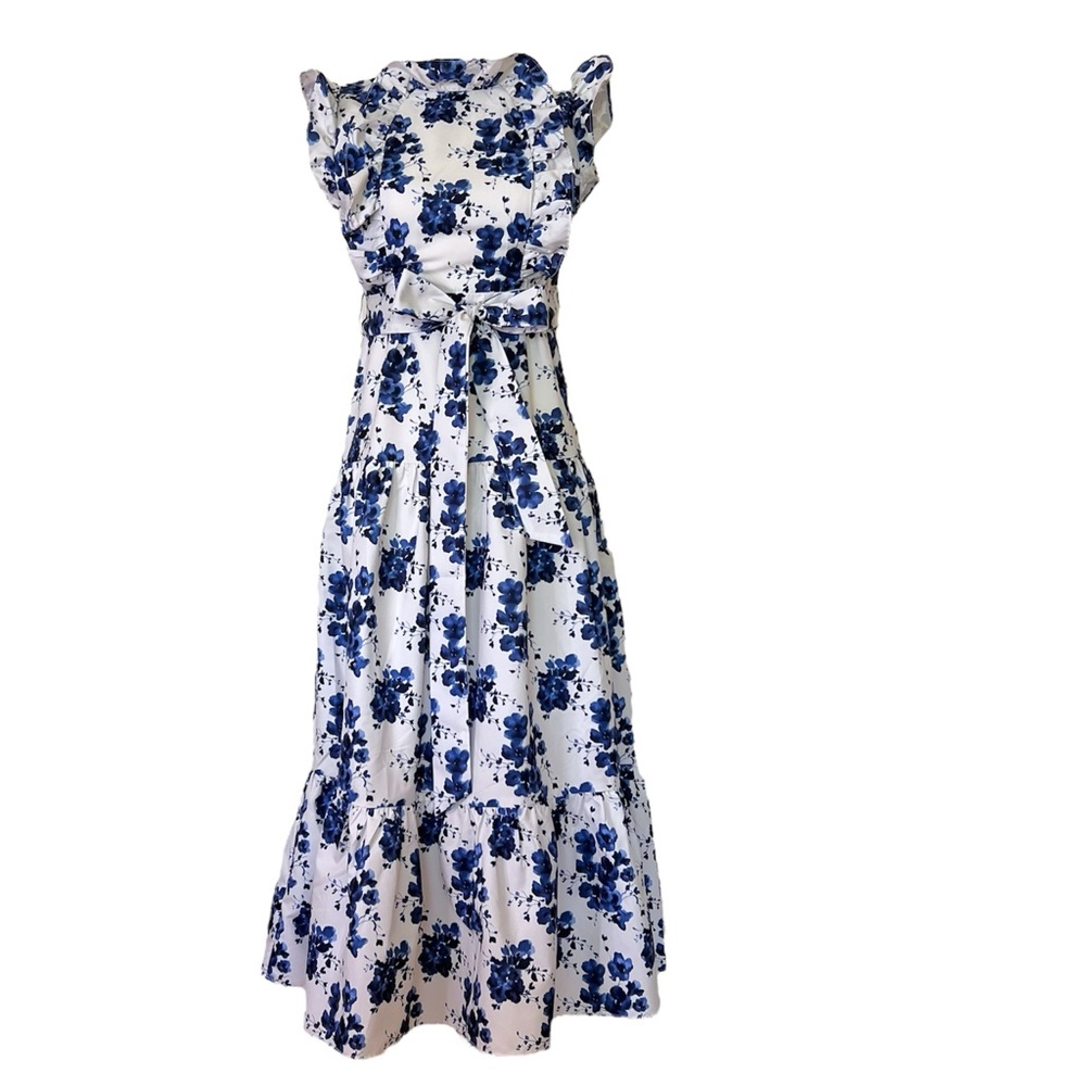 Anne Louise Boutique Midi Dress, Blue and White floral, US 4, UK 8